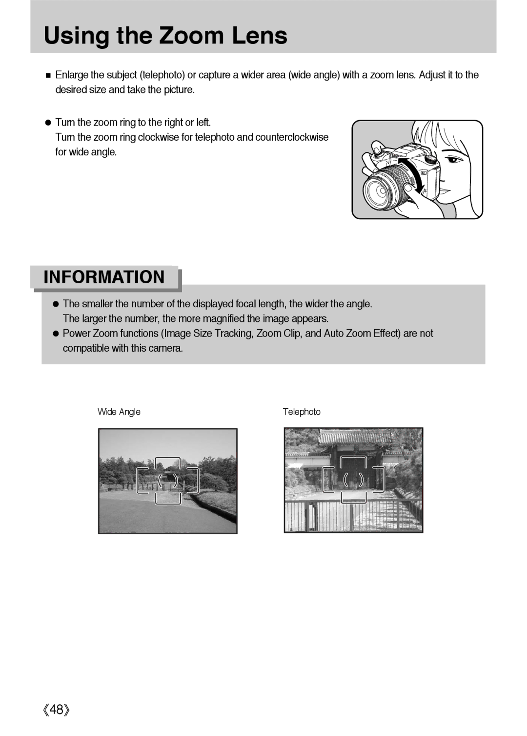 Samsung ER-GX1LZBBA/FR, ER-GX1LZBBA/E1, ER-GX1LZBAA, ER-GX1LZBAB, ER-GX1LZBBA/US, ER-GX1LZBBA/GB manual Using the Zoom Lens 