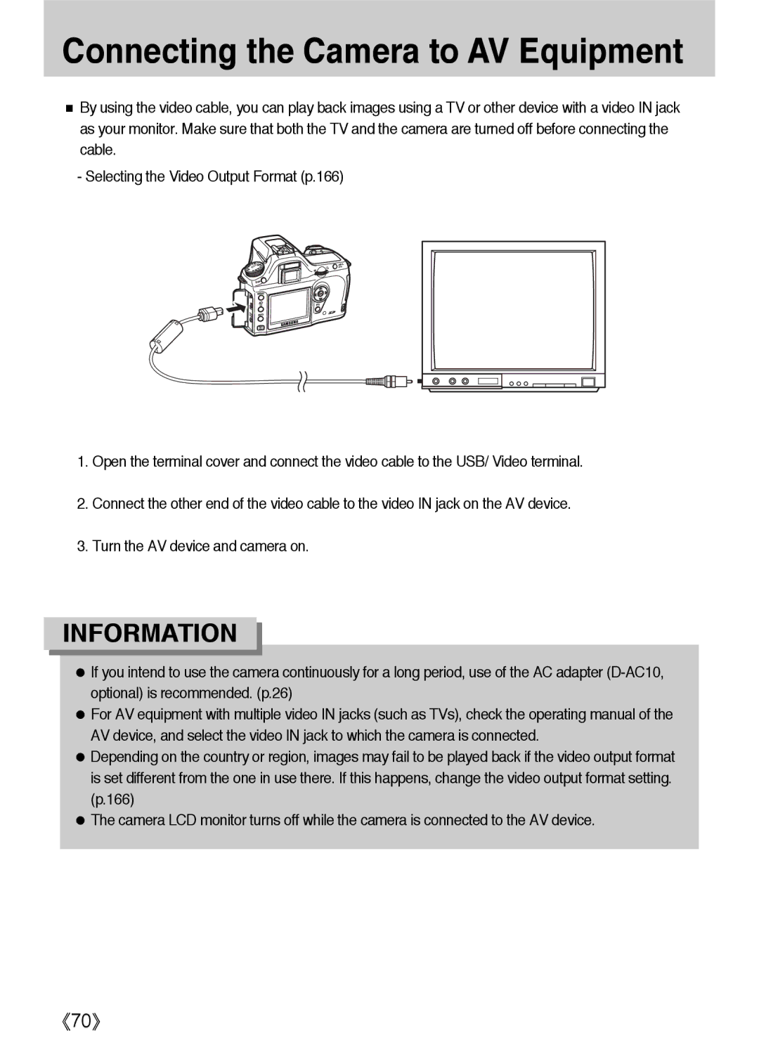 Samsung ER-GX1LZBBA/E1, ER-GX1LZBBA/FR, ER-GX1LZBAA, ER-GX1LZBAB, ER-GX1LZBBA/US manual Connecting the Camera to AV Equipment 