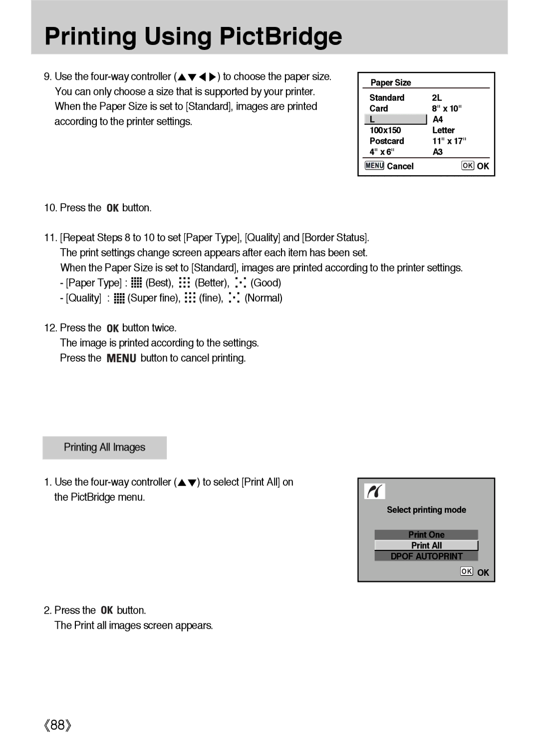 Samsung ER-GX1LZBBA/GB, ER-GX1LZBBA/FR, ER-GX1LZBBA/E1 manual Paper Size Standard Card 100x150 Letter Postcard 11 x Cancel 