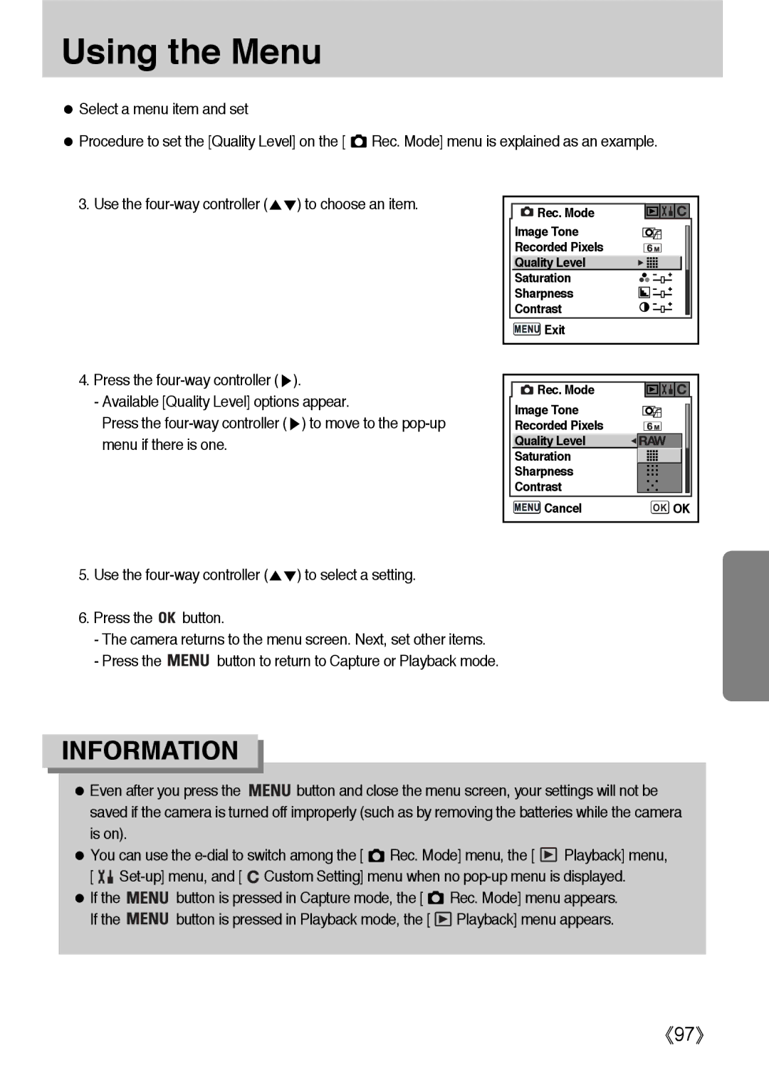 Samsung ER-GX1LZBBA/FR, ER-GX1LZBBA/E1, ER-GX1LZBAA manual Available Quality Level options appear, Menu if there is one 