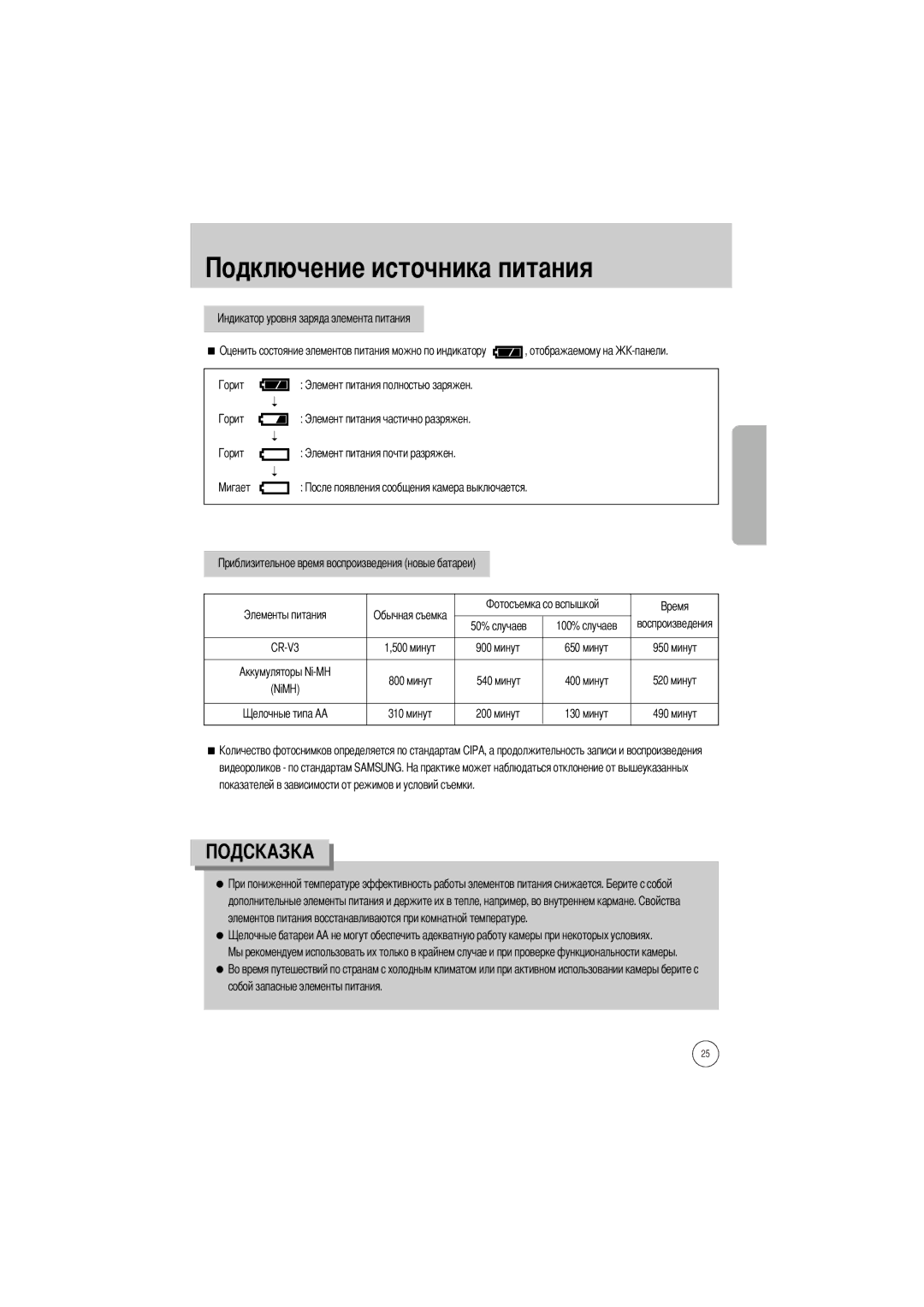 Samsung ER-GX1LZBBA/GB, ER-GX1LZBBA/FR manual 100%, 900 минут 650, 400 минут, 200 минут 130, Собой запасные элементы питания 