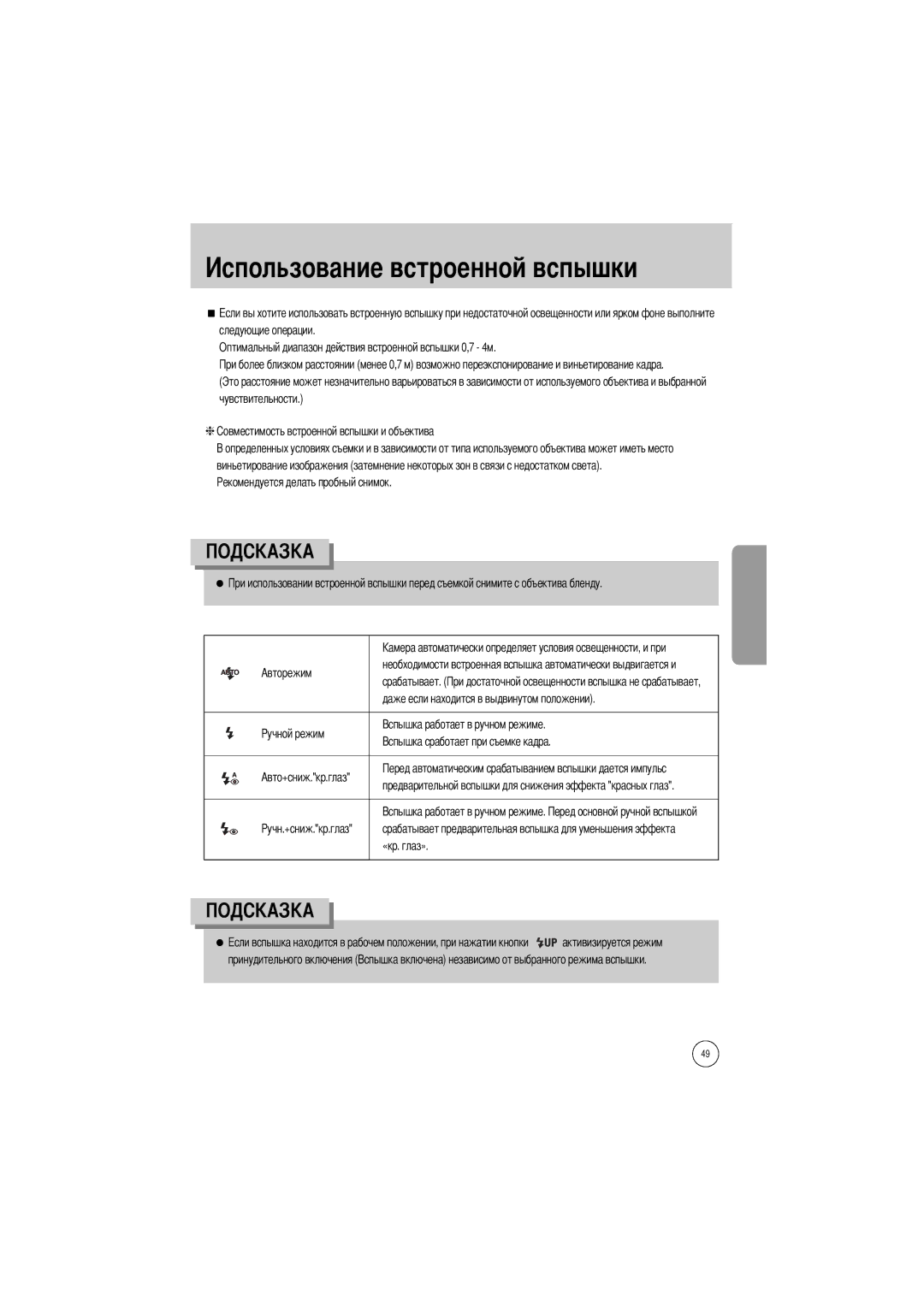 Samsung ER-GX1LZBBA/E1, ER-GX1LZBBA/FR, ER-GX1LZBAA, ER-GX1LZBAB, ER-GX1LZBBA/US, ER-GX1LZBBA/GB Льзование встроенной вспышки 