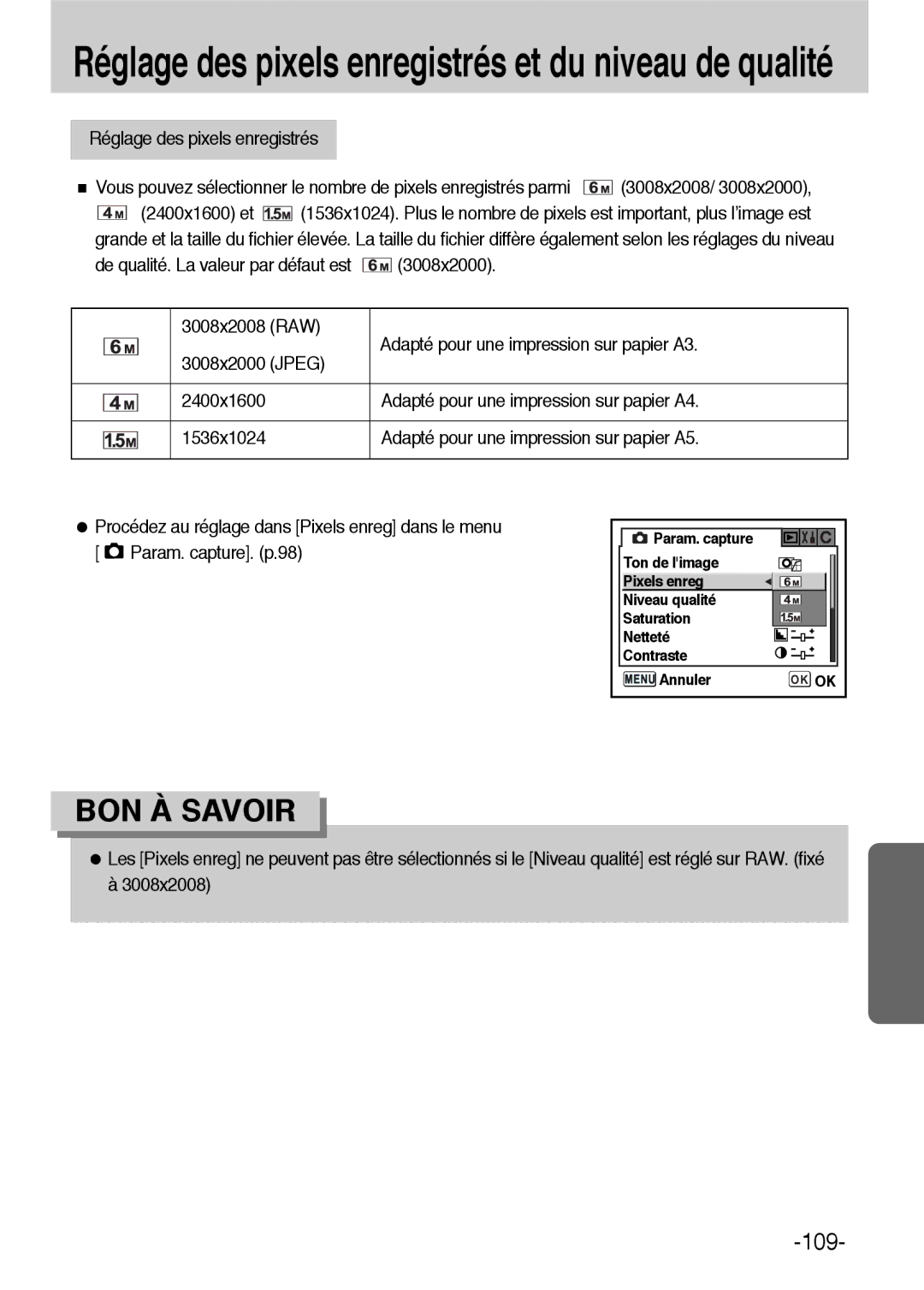 Samsung ER-GX1LZBBA/FR, ER-GX1LZBBA/E1 manual Réglage des pixels enregistrés, Adapté pour une impression sur papier A3 