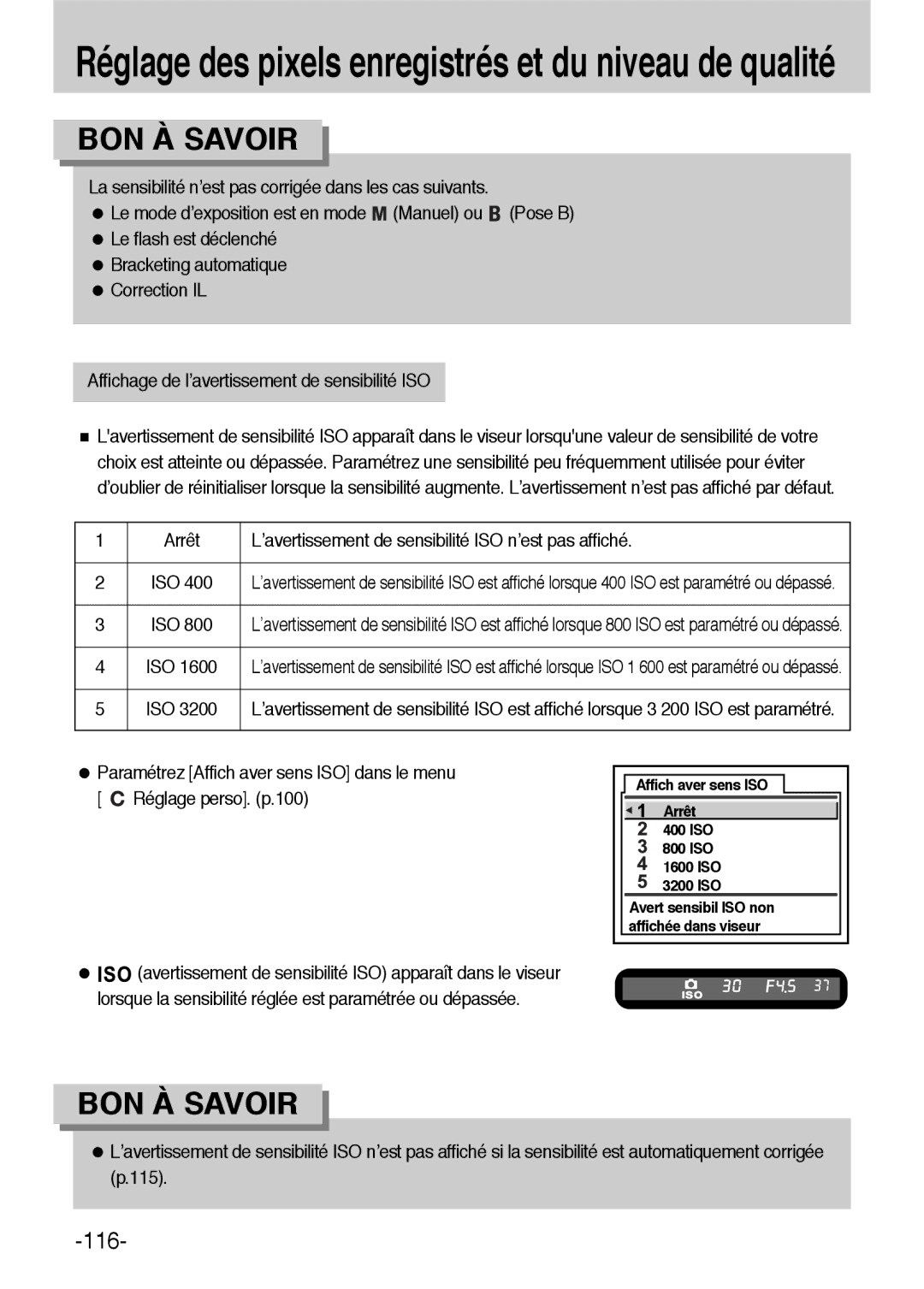 Samsung ER-GX1LZBBA/E1, ER-GX1LZBBA/FR manual Arrêt ’avertissement de sensibilité ISO n’est pas affiché, 3200 ISO 