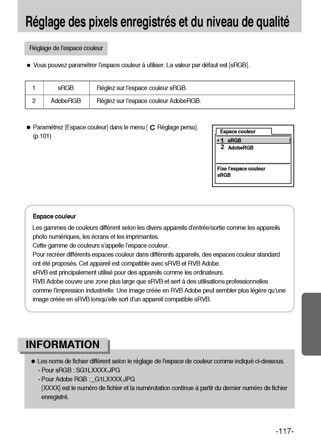 Samsung ER-GX1LZBBA/FR Réglez sur l’espace couleur AdobeRGB, Paramétrez Espace couleur dans le menu Réglage perso. p.101 