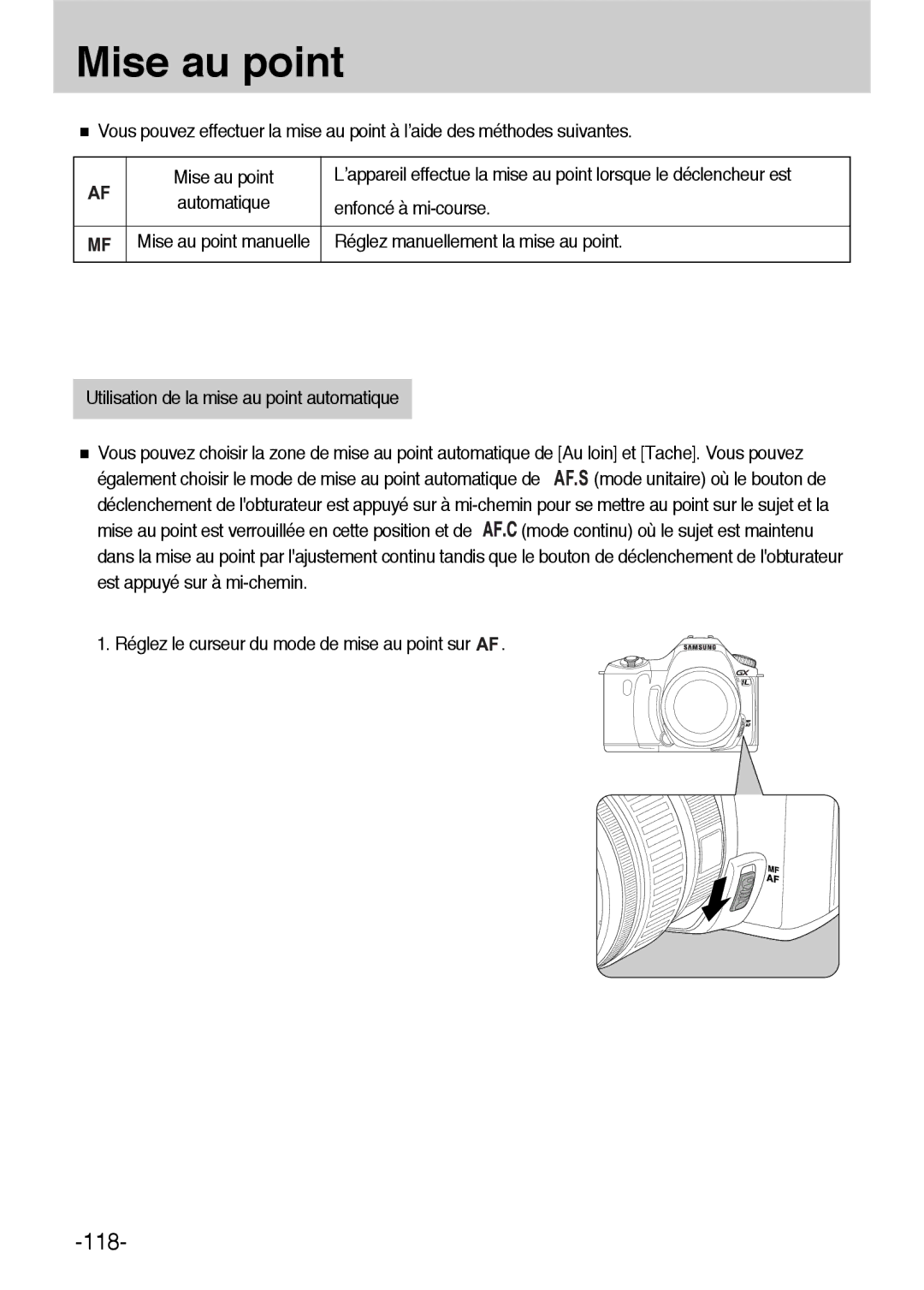 Samsung ER-GX1LZBBA/E1, ER-GX1LZBBA/FR manual Mise au point, Enfoncé à mi-course, Réglez manuellement la mise au point 