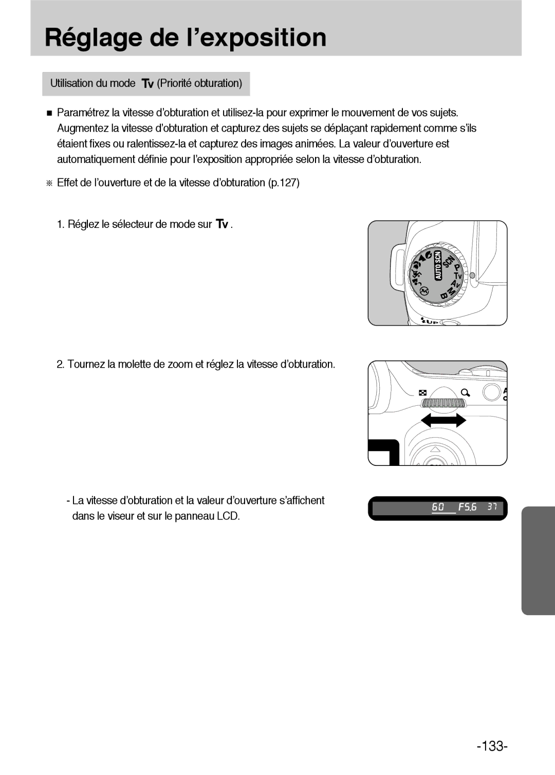 Samsung ER-GX1LZBBA/FR, ER-GX1LZBBA/E1 manual Utilisation du mode Priorité obturation 