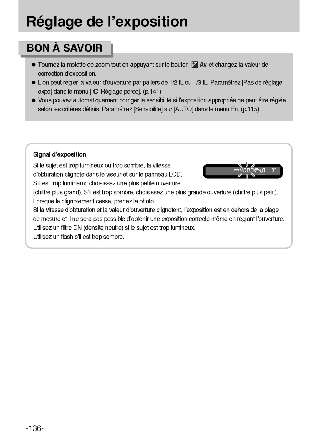 Samsung ER-GX1LZBBA/E1, ER-GX1LZBBA/FR manual Si le sujet est trop lumineux ou trop sombre, la vitesse 