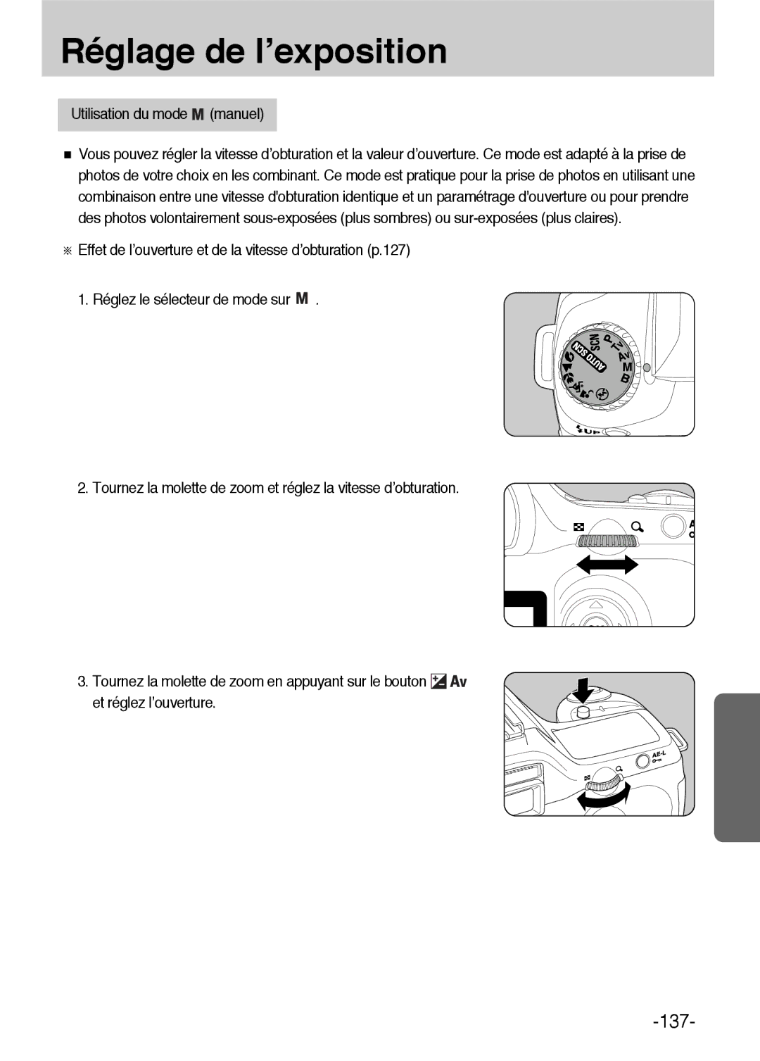 Samsung ER-GX1LZBBA/FR, ER-GX1LZBBA/E1 manual Utilisation du mode manuel 