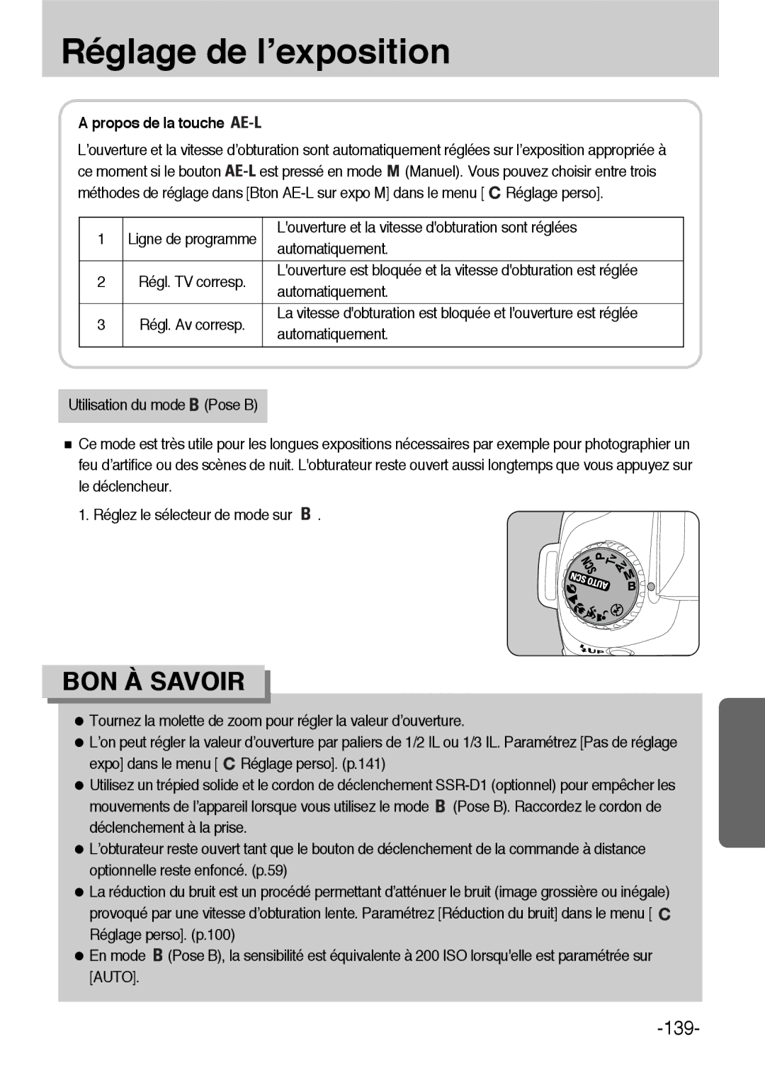 Samsung ER-GX1LZBBA/FR manual Propos de la touche AE-L, Louverture et la vitesse dobturation sont réglées, Automatiquement 