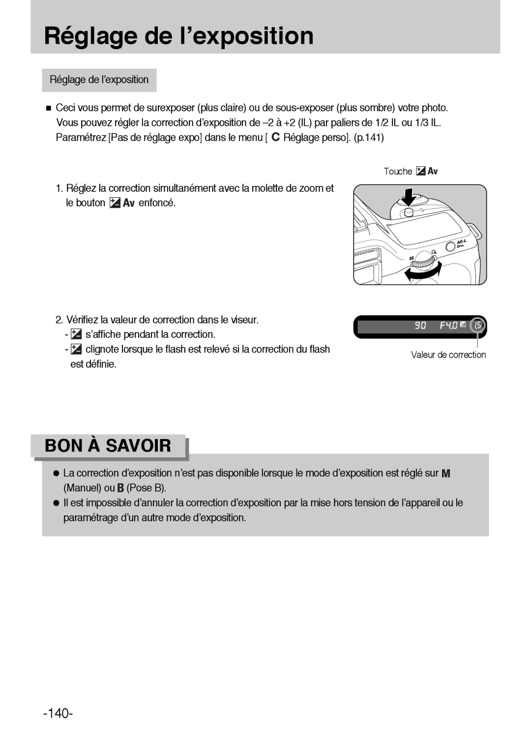 Samsung ER-GX1LZBBA/E1, ER-GX1LZBBA/FR manual Réglage de l’exposition, Est définie 