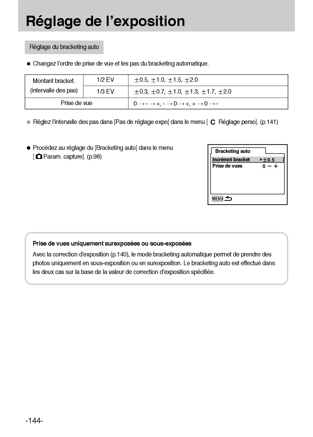 Samsung ER-GX1LZBBA/E1, ER-GX1LZBBA/FR manual 144, Prise de vues uniquement surexposées ou sous-exposées 