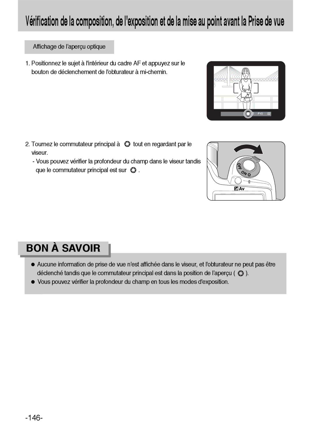 Samsung ER-GX1LZBBA/E1, ER-GX1LZBBA/FR manual 146, Affichage de l’aperçu optique 