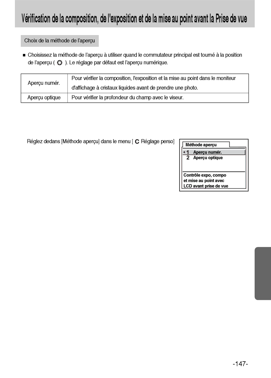 Samsung ER-GX1LZBBA/FR, ER-GX1LZBBA/E1 manual Réglez dedans Méthode aperçu dans le menu Réglage perso 