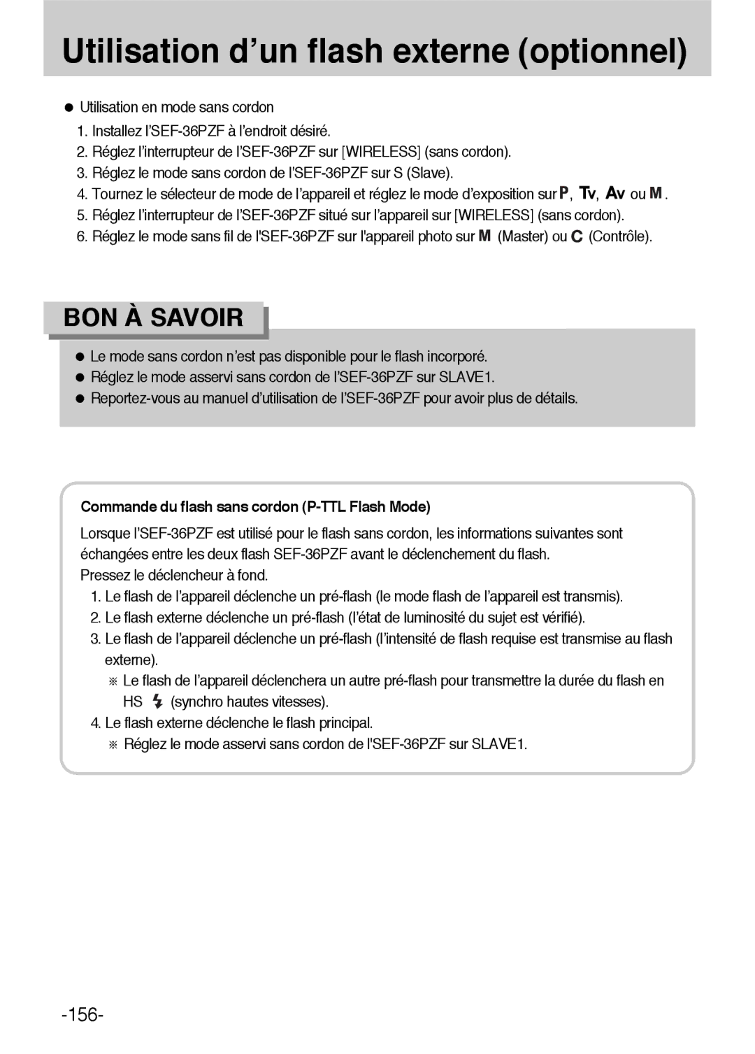 Samsung ER-GX1LZBBA/E1, ER-GX1LZBBA/FR manual Commande du flash sans cordon P-TTL Flash Mode 