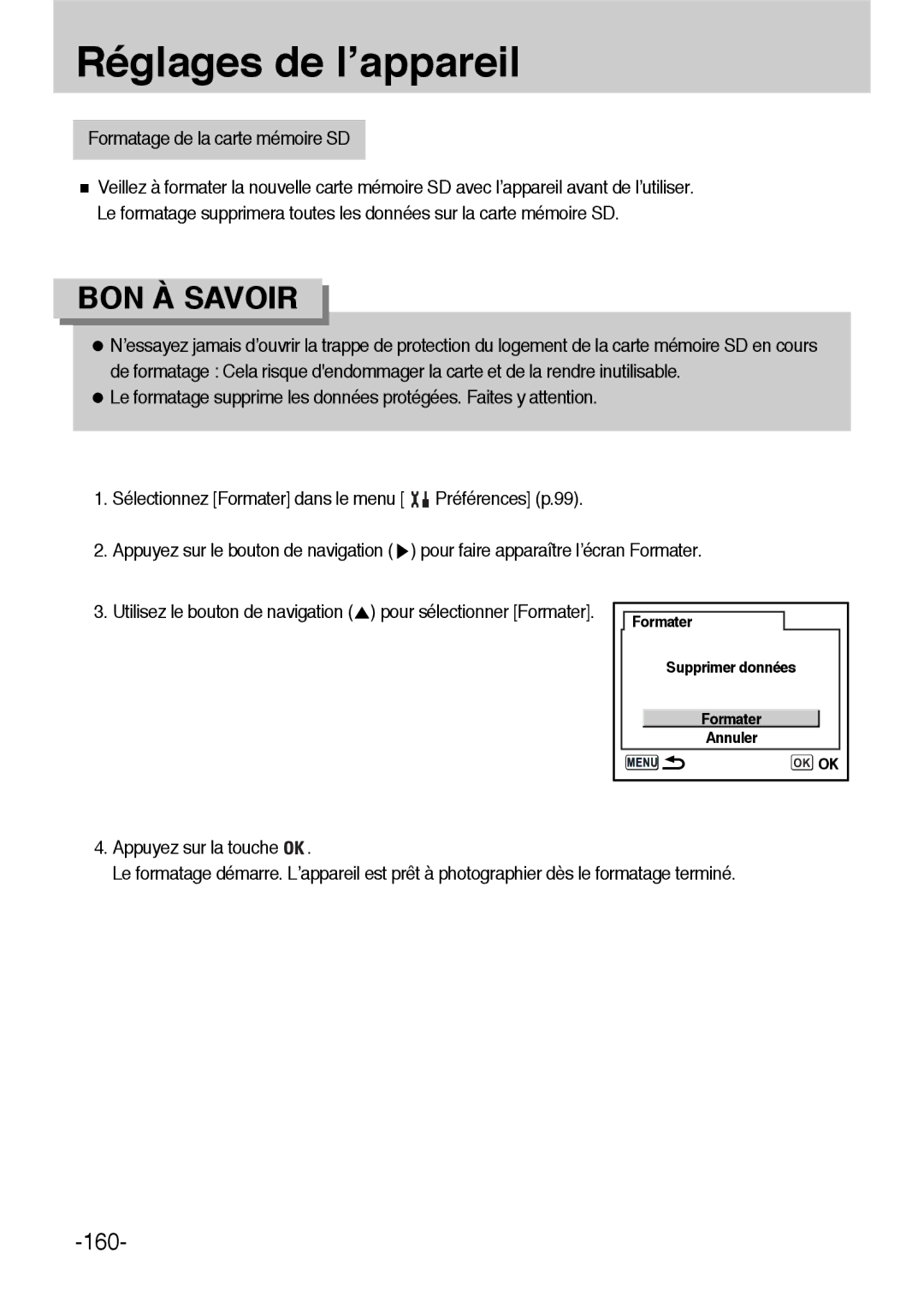 Samsung ER-GX1LZBBA/E1, ER-GX1LZBBA/FR manual Réglages de l’appareil, Formatage de la carte mémoire SD 