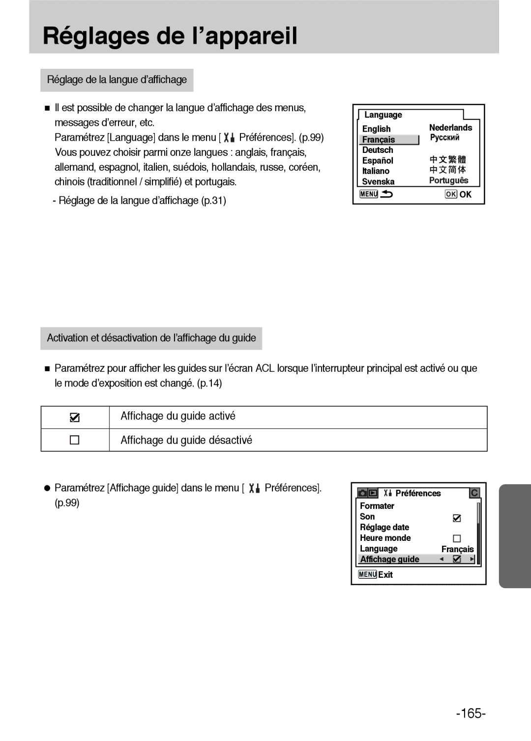 Samsung ER-GX1LZBBA/FR, ER-GX1LZBBA/E1 manual Réglage de la langue d’affichage p.31 