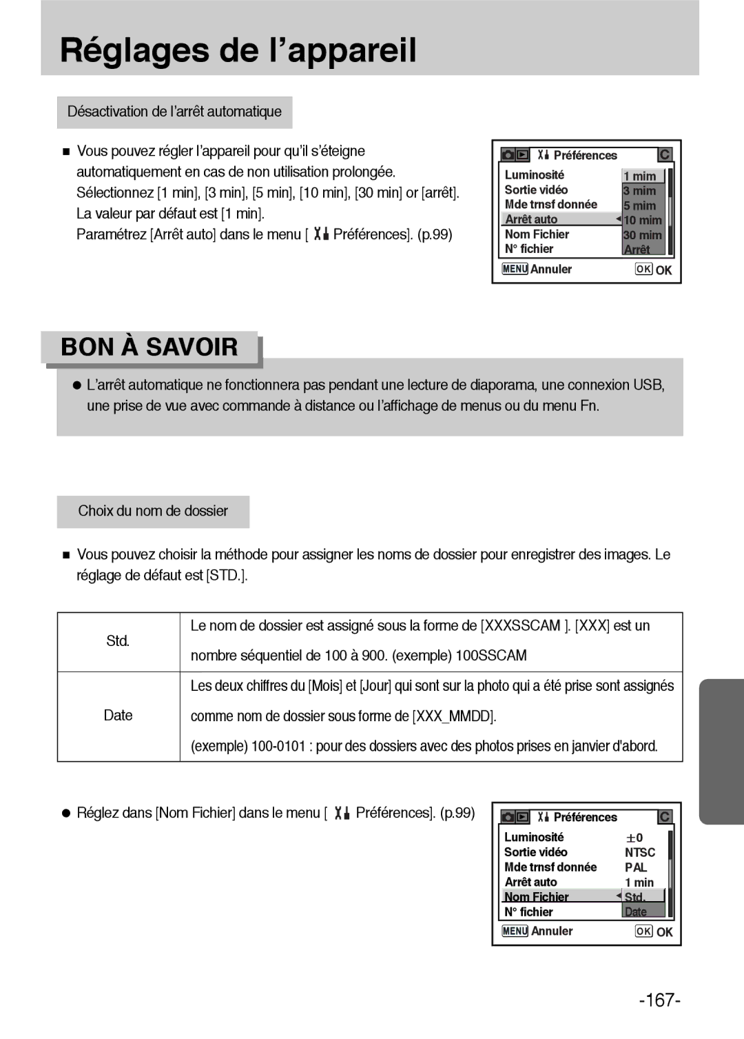 Samsung ER-GX1LZBBA/FR manual Nombre séquentiel de 100 à 900. exemple 100SSCAM, Comme nom de dossier sous forme de Xxxmmdd 