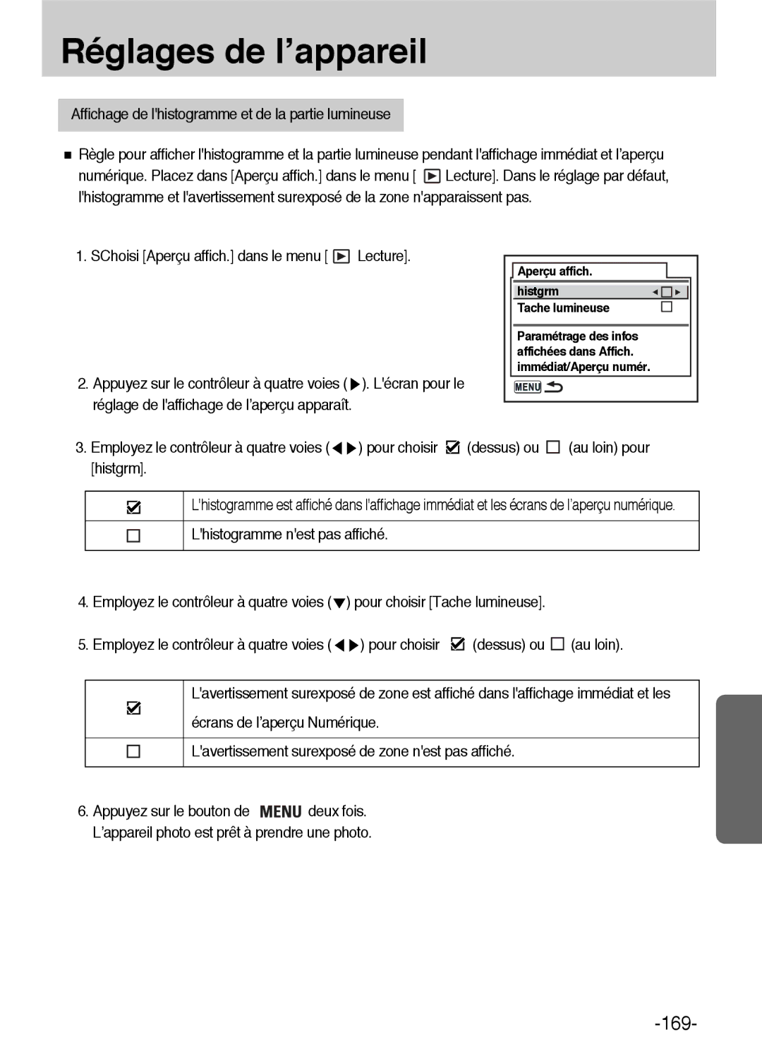 Samsung ER-GX1LZBBA/FR, ER-GX1LZBBA/E1 manual Affichage de lhistogramme et de la partie lumineuse, Tache lumineuse 