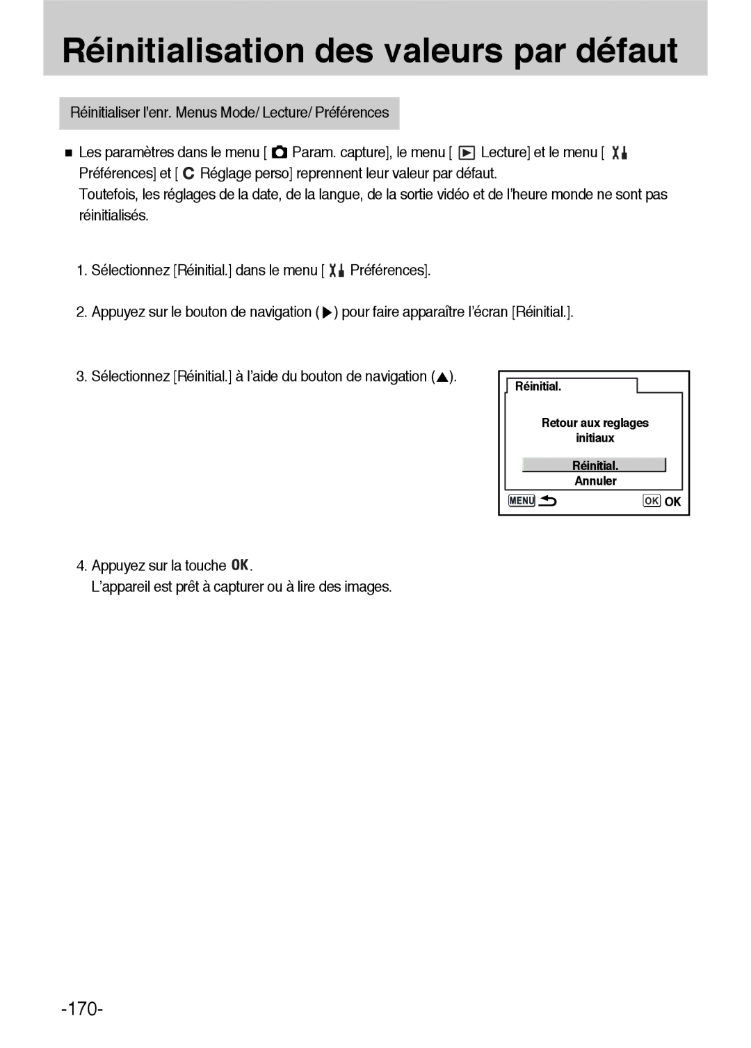 Samsung ER-GX1LZBBA/E1, ER-GX1LZBBA/FR manual Réinitialisation des valeurs par défaut 