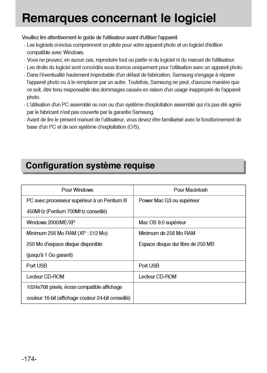 Samsung ER-GX1LZBBA/E1 manual Remarques concernant le logiciel, Pour Windows Pour Macintosh, Power Mac G3 ou supérieur 