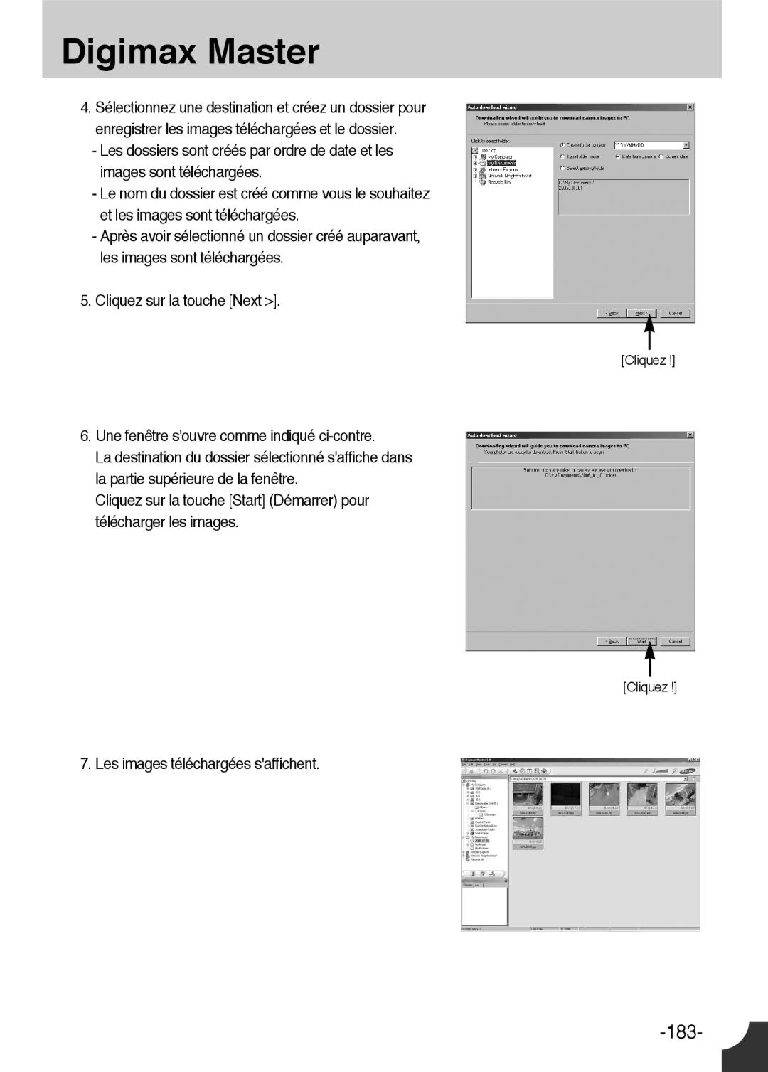 Samsung ER-GX1LZBBA/FR, ER-GX1LZBBA/E1 manual Une fenêtre souvre comme indiqué ci-contre, Les images téléchargées saffichent 