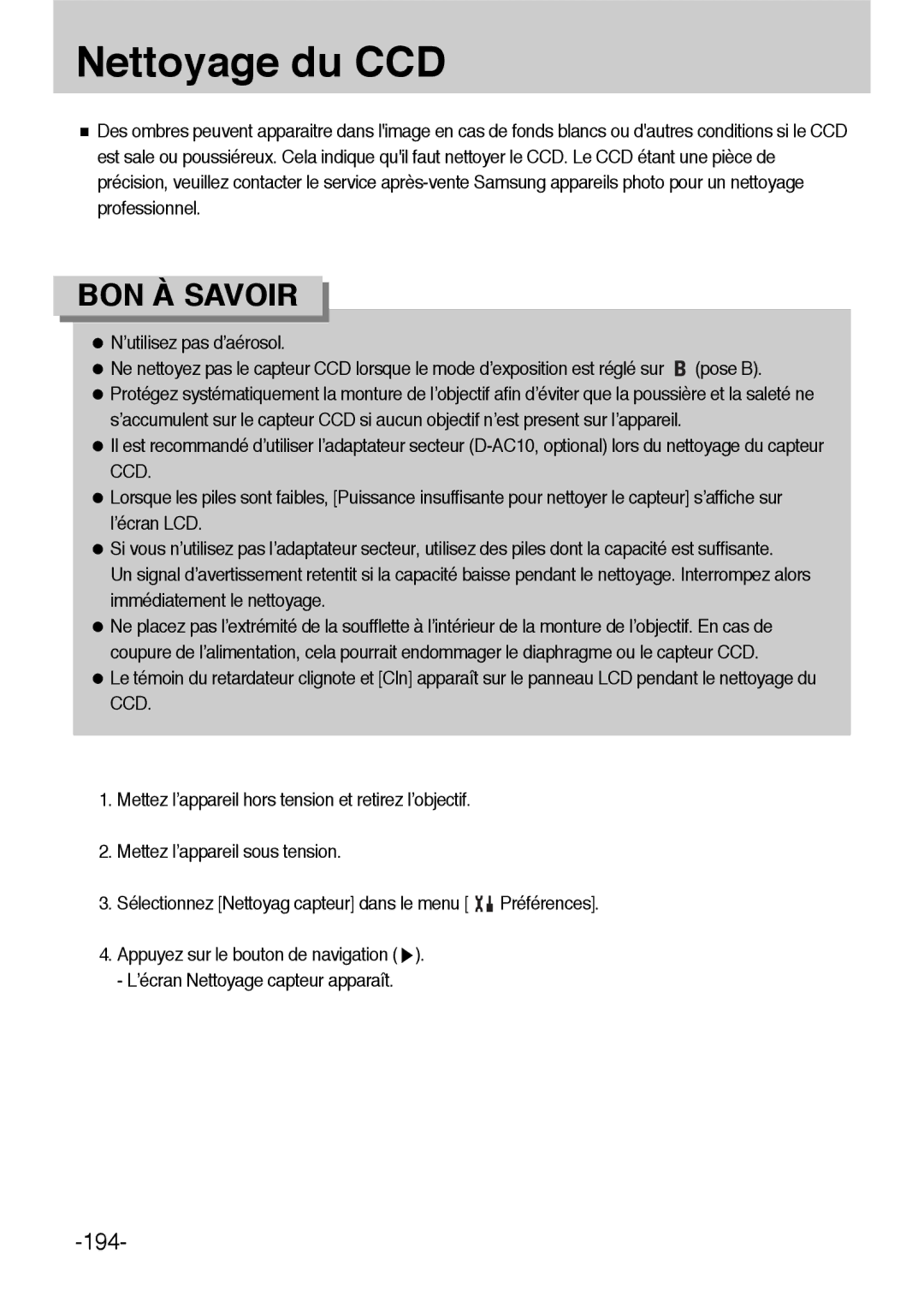 Samsung ER-GX1LZBBA/E1, ER-GX1LZBBA/FR manual Nettoyage du CCD, ’utilisez pas d’aérosol 