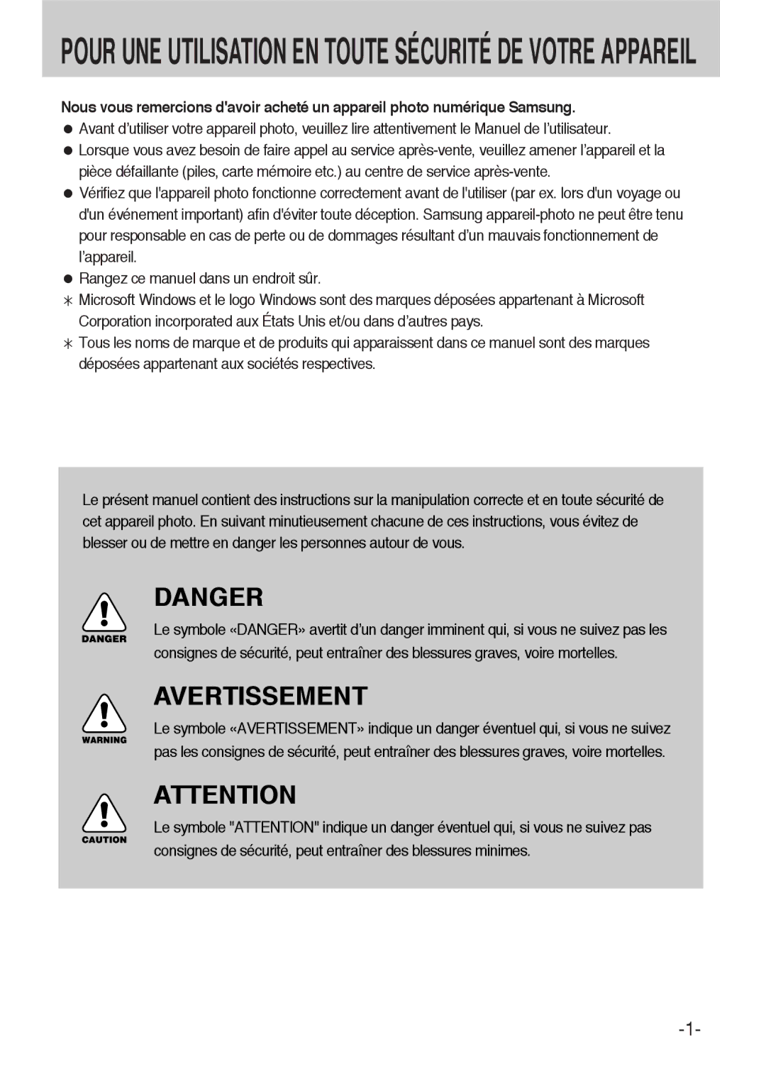 Samsung ER-GX1LZBBA/FR, ER-GX1LZBBA/E1 manual Avertissement 