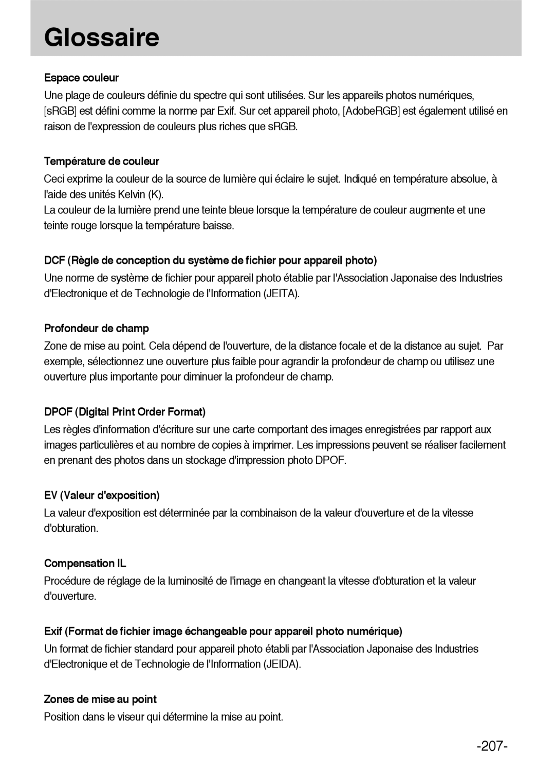 Samsung ER-GX1LZBBA/FR Dpof Digital Print Order Format, EV Valeur dexposition, Compensation IL, Zones de mise au point 