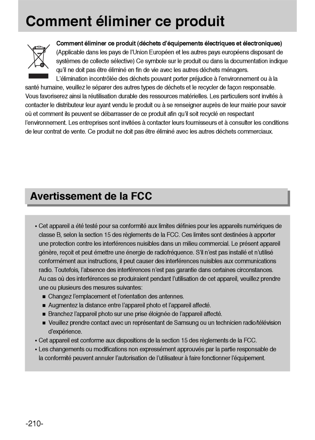 Samsung ER-GX1LZBBA/E1, ER-GX1LZBBA/FR manual Comment éliminer ce produit, Avertissement de la FCC 