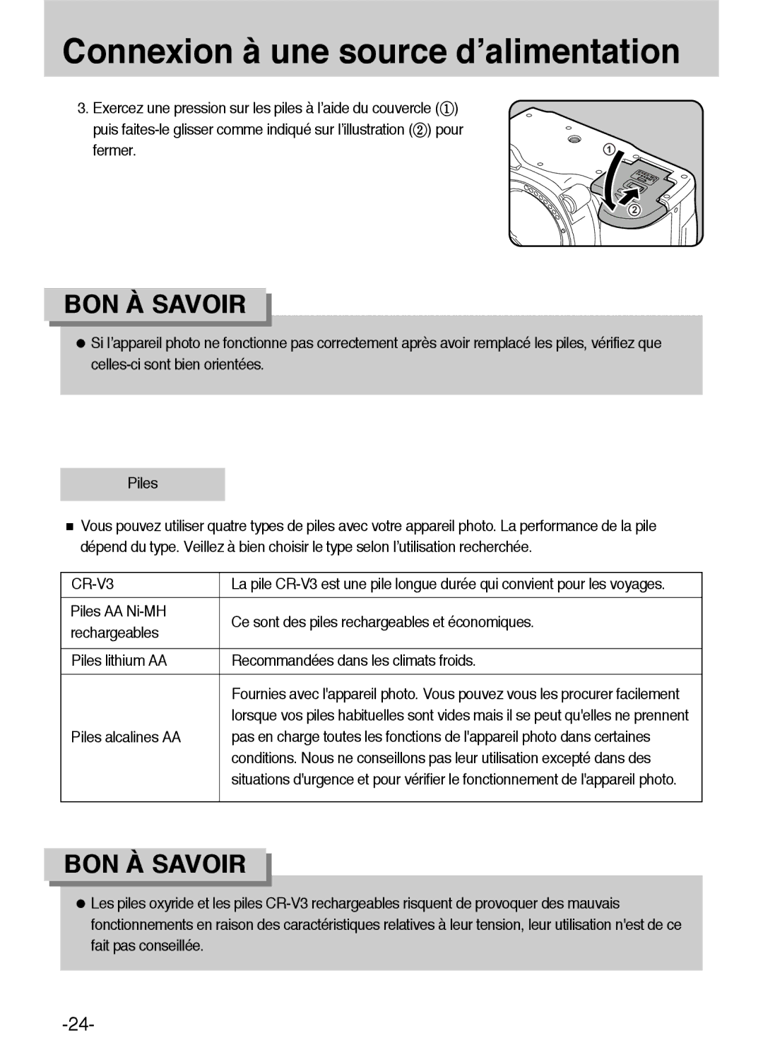 Samsung ER-GX1LZBBA/E1 manual Exercez une pression sur les piles à l’aide du couvercle, Fermer, Piles alcalines AA 