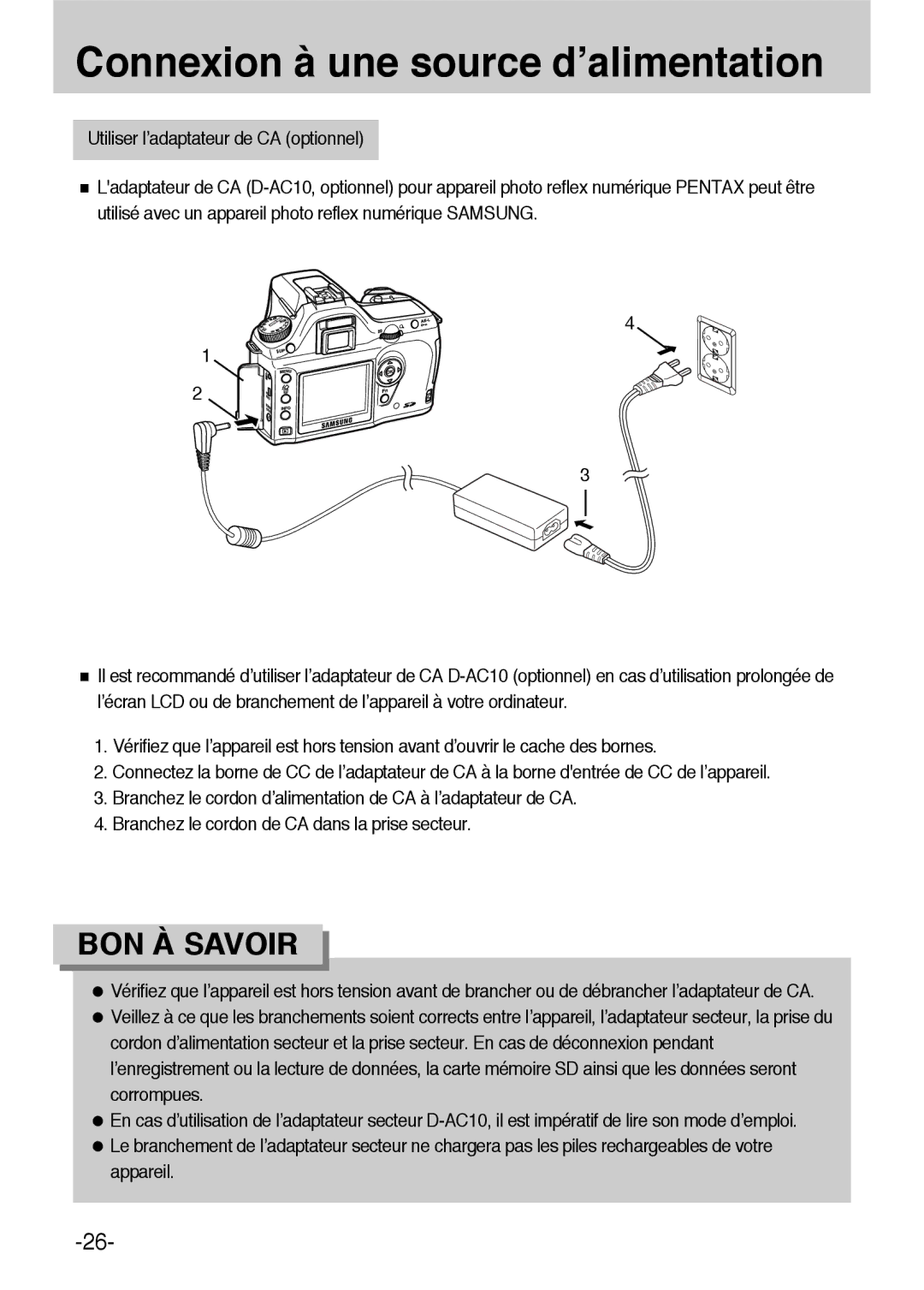 Samsung ER-GX1LZBBA/E1, ER-GX1LZBBA/FR manual Connexion à une source d’alimentation 