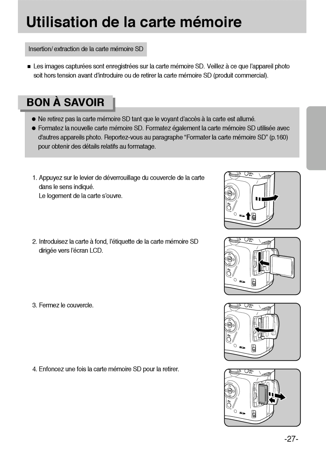 Samsung ER-GX1LZBBA/FR, ER-GX1LZBBA/E1 manual Utilisation de la carte mémoire, Insertion/ extraction de la carte mémoire SD 