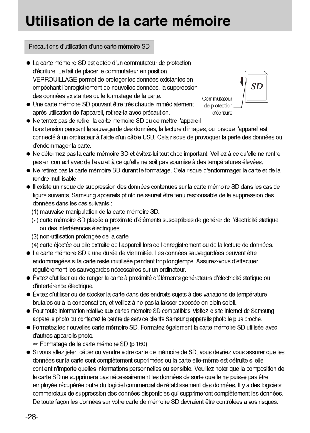 Samsung ER-GX1LZBBA/E1, ER-GX1LZBBA/FR manual Précautions d’utilisation d’une carte mémoire SD 