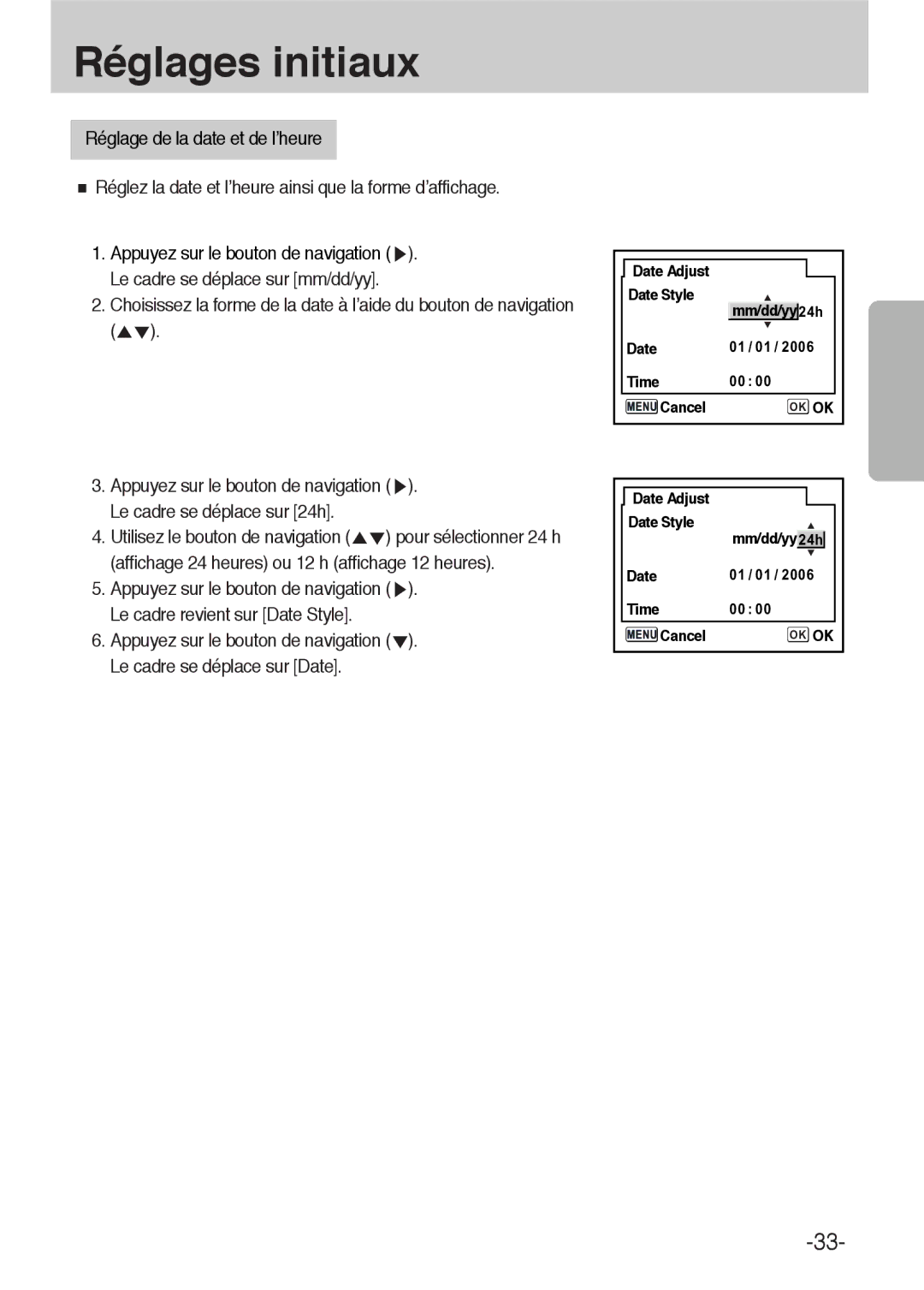 Samsung ER-GX1LZBBA/FR, ER-GX1LZBBA/E1 manual Réglages initiaux 