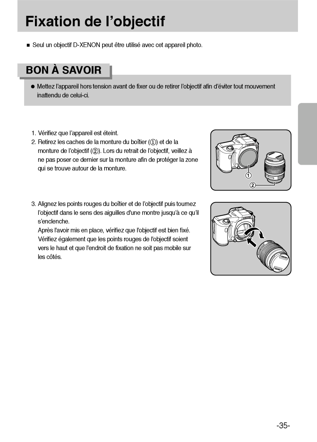 Samsung ER-GX1LZBBA/FR, ER-GX1LZBBA/E1 manual Fixation de l’objectif 