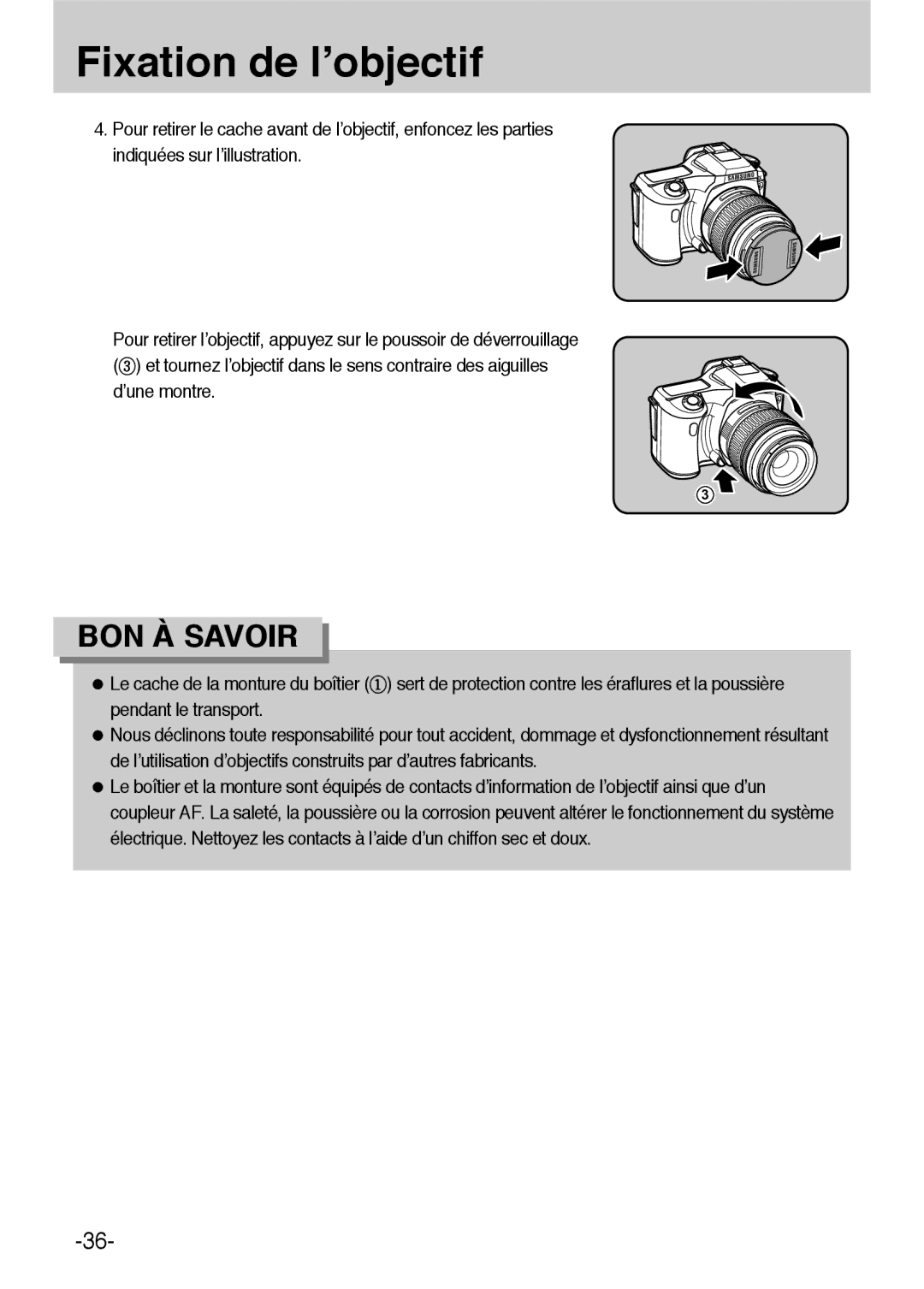 Samsung ER-GX1LZBBA/E1, ER-GX1LZBBA/FR manual Fixation de l’objectif 