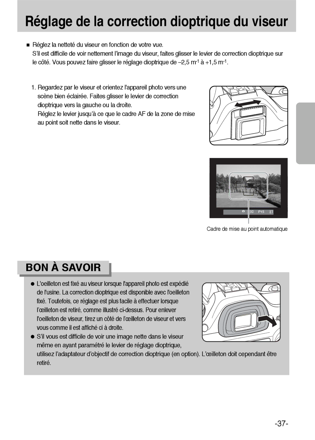 Samsung ER-GX1LZBBA/FR Réglage de la correction dioptrique du viseur, Réglez la netteté du viseur en fonction de votre vue 