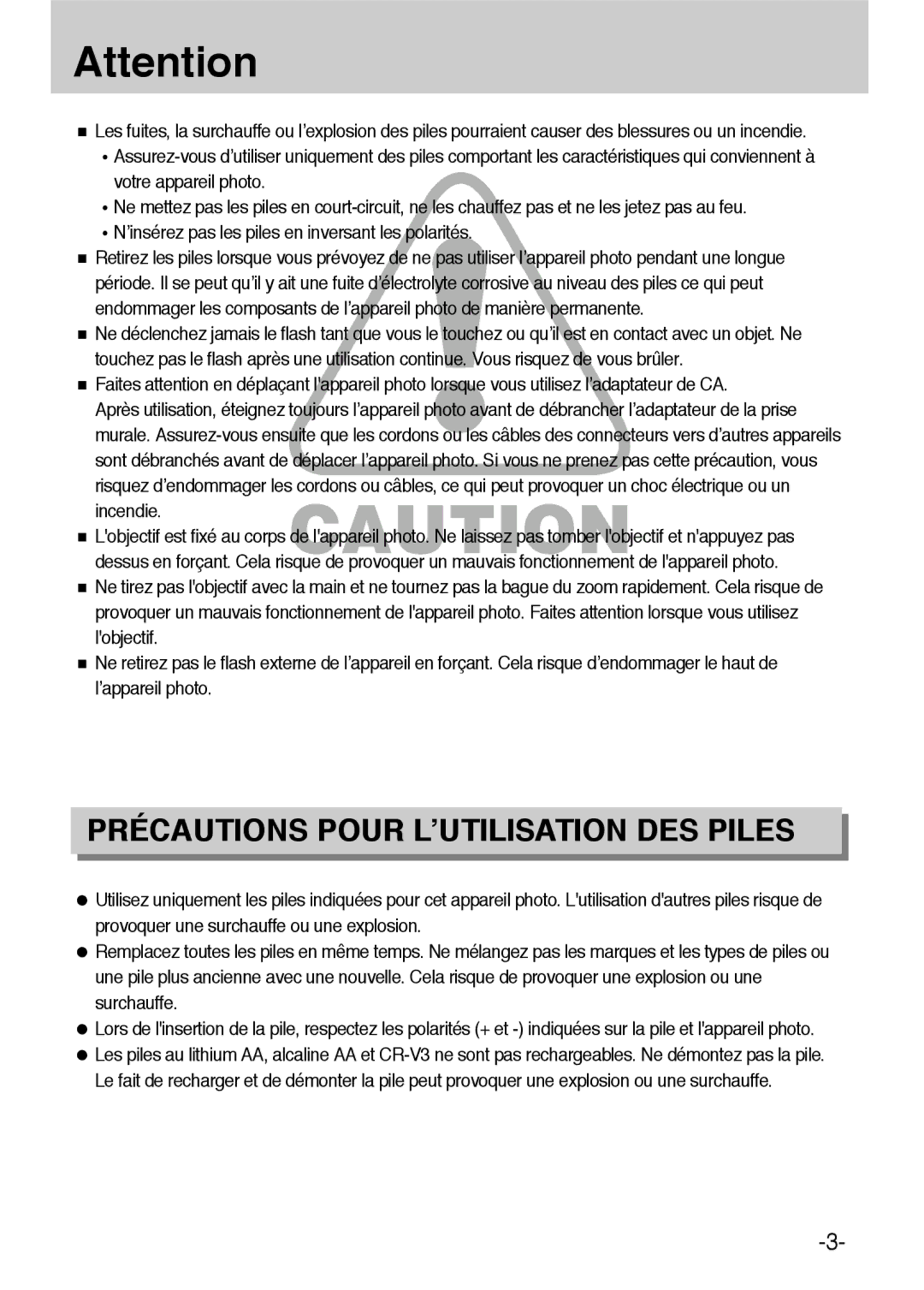 Samsung ER-GX1LZBBA/FR, ER-GX1LZBBA/E1 manual Précautions Pour L’UTILISATION DES Piles 