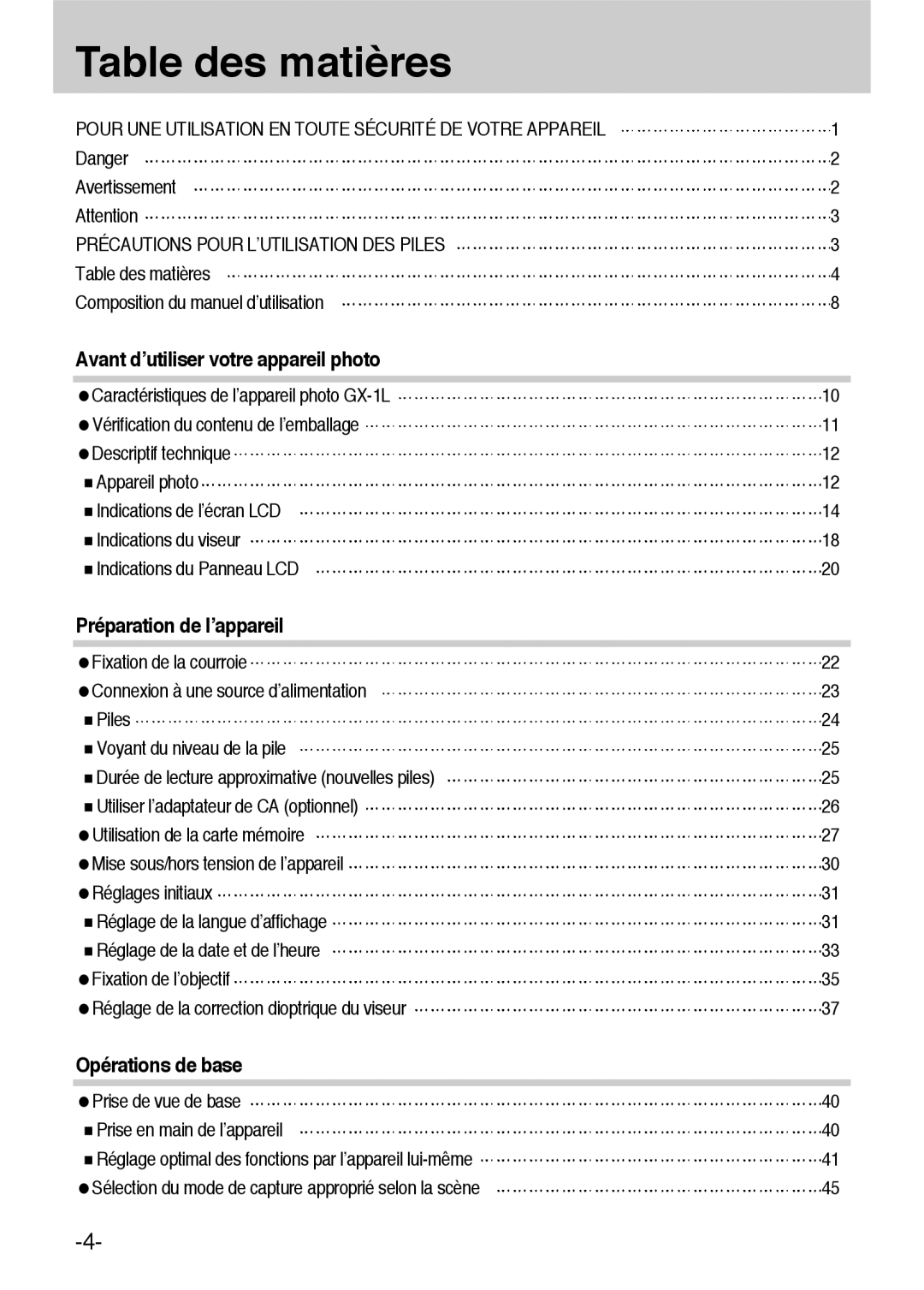 Samsung ER-GX1LZBBA/E1, ER-GX1LZBBA/FR manual Avertissement, Table des matières Composition du manuel d’utilisation 