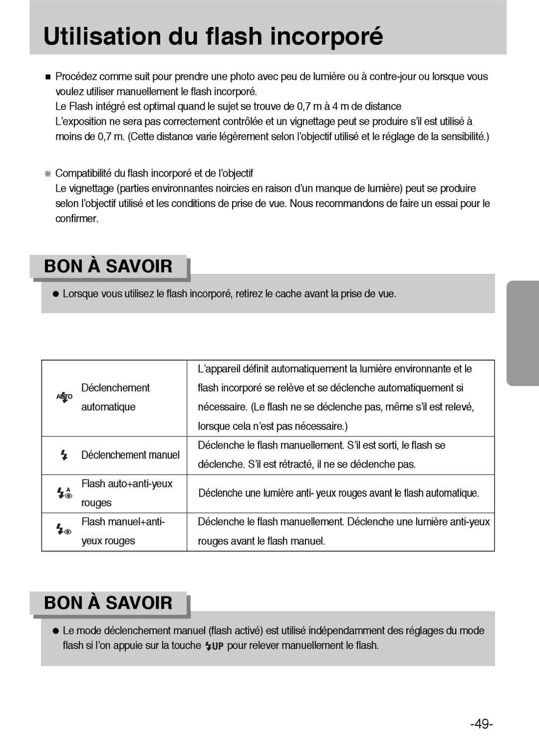 Samsung ER-GX1LZBBA/FR, ER-GX1LZBBA/E1 manual Utilisation du flash incorporé 