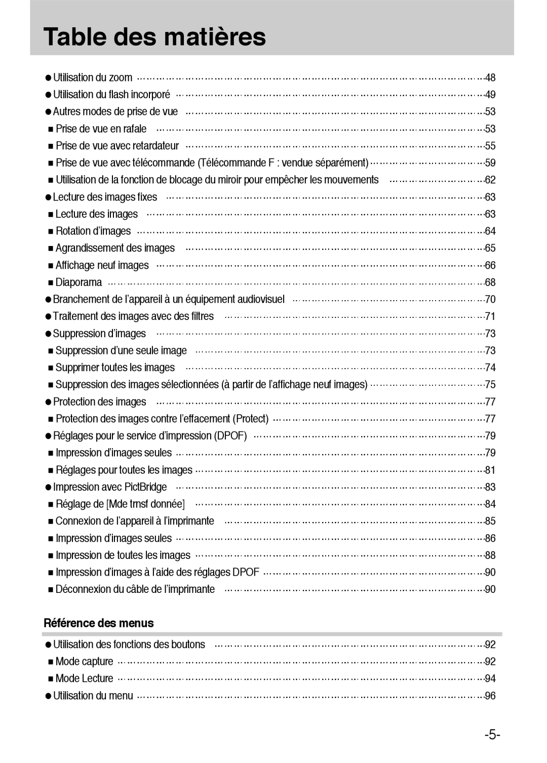 Samsung ER-GX1LZBBA/FR, ER-GX1LZBBA/E1 manual Référence des menus 