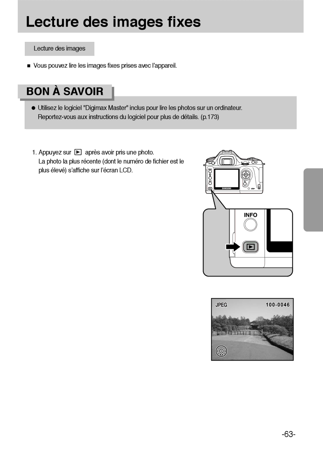 Samsung ER-GX1LZBBA/FR, ER-GX1LZBBA/E1 manual Lecture des images fixes 