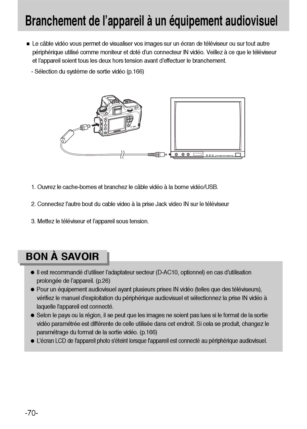 Samsung ER-GX1LZBBA/E1, ER-GX1LZBBA/FR manual Branchement de l’appareil à un équipement audiovisuel 