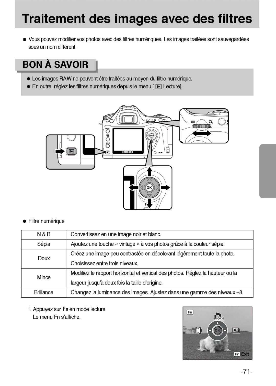 Samsung ER-GX1LZBBA/FR manual Traitement des images avec des filtres, Appuyez sur Fn en mode lecture. Le menu Fn s’affiche 