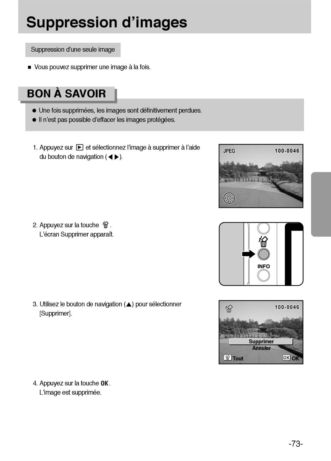 Samsung ER-GX1LZBBA/FR, ER-GX1LZBBA/E1 manual Suppression d’images, Appuyez sur 