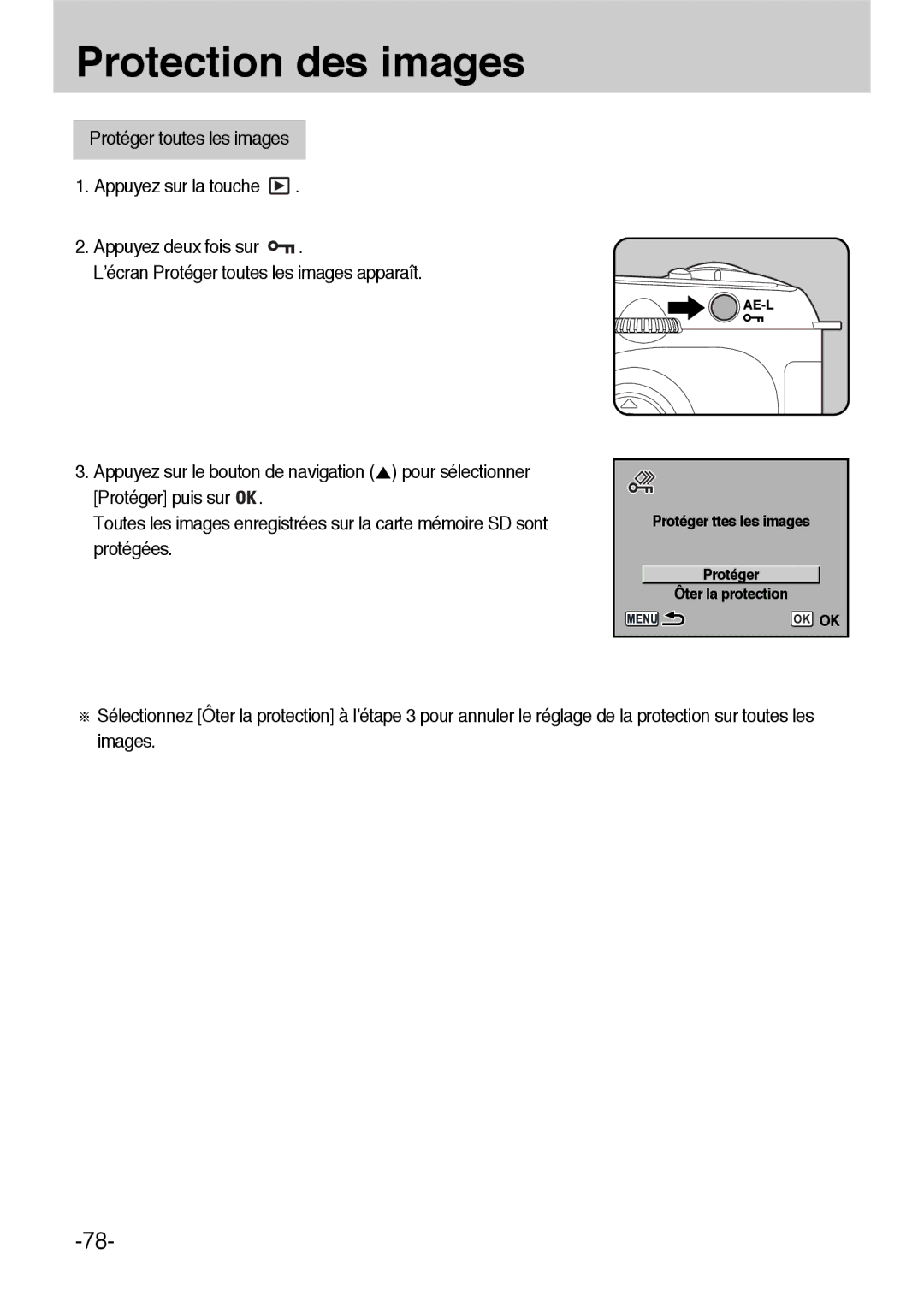 Samsung ER-GX1LZBBA/E1, ER-GX1LZBBA/FR manual Protéger ttes les images 