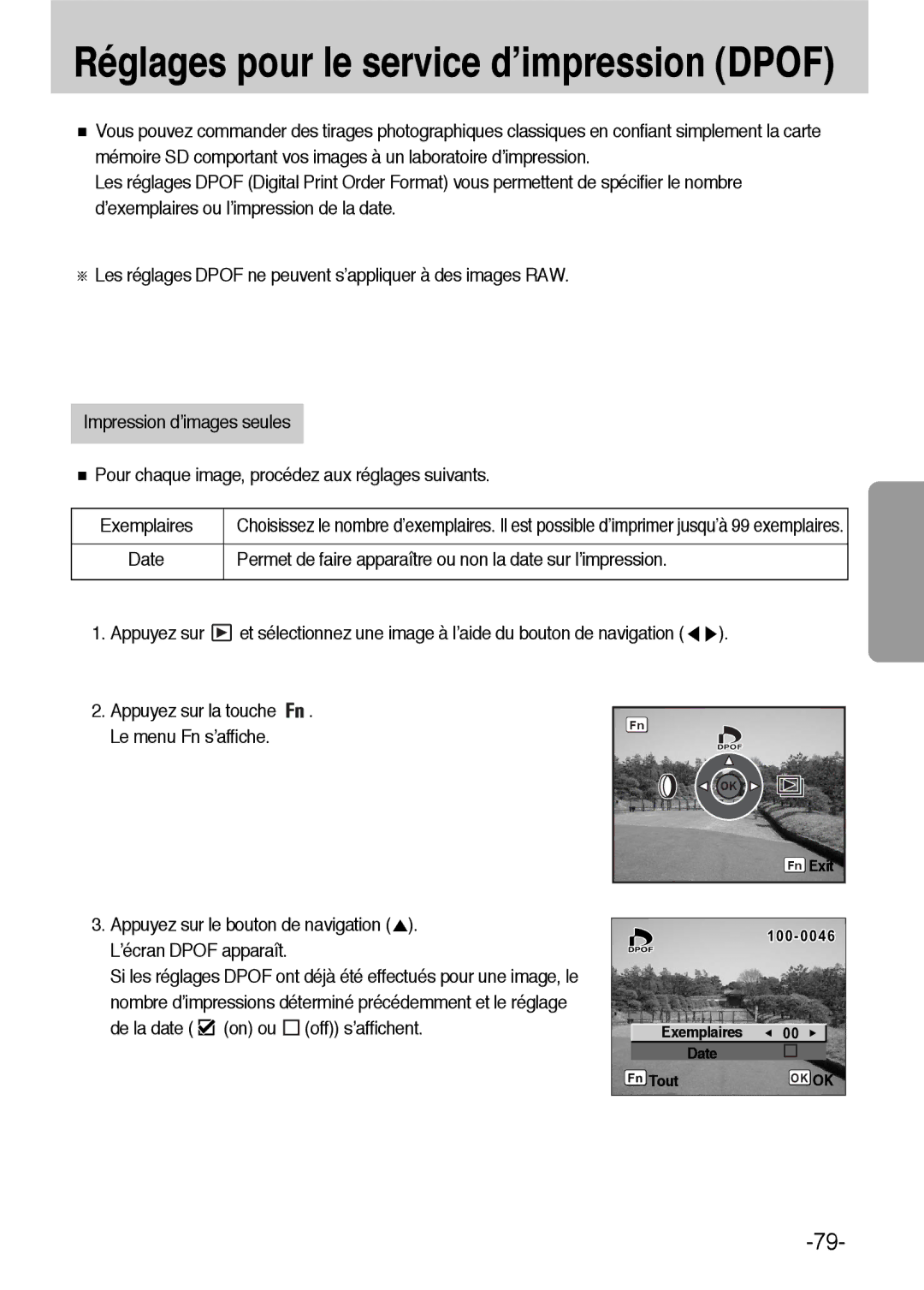 Samsung ER-GX1LZBBA/FR, ER-GX1LZBBA/E1 manual Réglages pour le service d’impression Dpof 