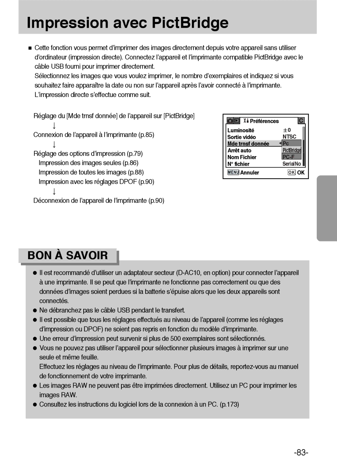 Samsung ER-GX1LZBBA/FR, ER-GX1LZBBA/E1 manual Impression avec PictBridge, Déconnexion de l’appareil de l’imprimante p.90 