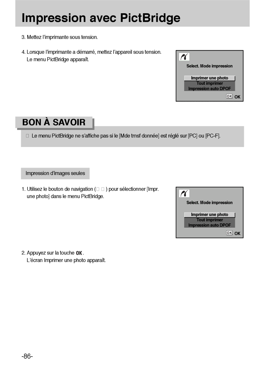 Samsung ER-GX1LZBBA/E1, ER-GX1LZBBA/FR manual Appuyez sur la touche OK ’écran Imprimer une photo apparaît 